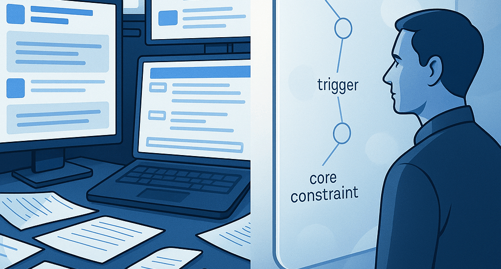 A split blue-toned digital illustration showing two contrasting scenes. On the left, a cluttered workstation with multiple monitors displaying text and scattered papers represents using AI as a nonstop task machine. On the right, a calm operator stands before a sleek, semi-transparent digital mirror displaying simplified nodes labeled ‘loop,’ ‘trigger,’ and ‘core constraint,’ symbolizing AI as a tool for insight and pattern recognition. The ThinkSky.ai logo appears at the bottom right.