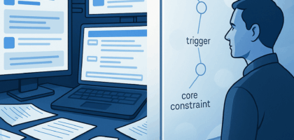 A split blue-toned digital illustration showing two contrasting scenes. On the left, a cluttered workstation with multiple monitors displaying text and scattered papers represents using AI as a nonstop task machine. On the right, a calm operator stands before a sleek, semi-transparent digital mirror displaying simplified nodes labeled ‘loop,’ ‘trigger,’ and ‘core constraint,’ symbolizing AI as a tool for insight and pattern recognition. The ThinkSky.ai logo appears at the bottom right.