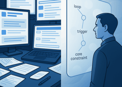 A split blue-toned digital illustration showing two contrasting scenes. On the left, a cluttered workstation with multiple monitors displaying text and scattered papers represents using AI as a nonstop task machine. On the right, a calm operator stands before a sleek, semi-transparent digital mirror displaying simplified nodes labeled ‘loop,’ ‘trigger,’ and ‘core constraint,’ symbolizing AI as a tool for insight and pattern recognition. The ThinkSky.ai logo appears at the bottom right.