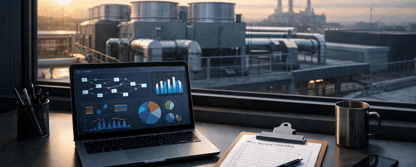 An industrial office desk with a laptop showing an abstract workflow dashboard and service checklists, representing AI removing administrative work for industrial service companies.