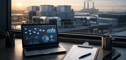 An industrial office desk with a laptop showing an abstract workflow dashboard and service checklists, representing AI removing administrative work for industrial service companies.