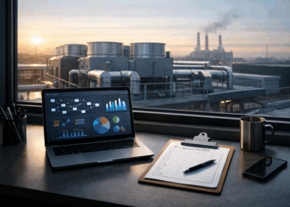 An industrial office desk with a laptop showing an abstract workflow dashboard and service checklists, representing AI removing administrative work for industrial service companies.