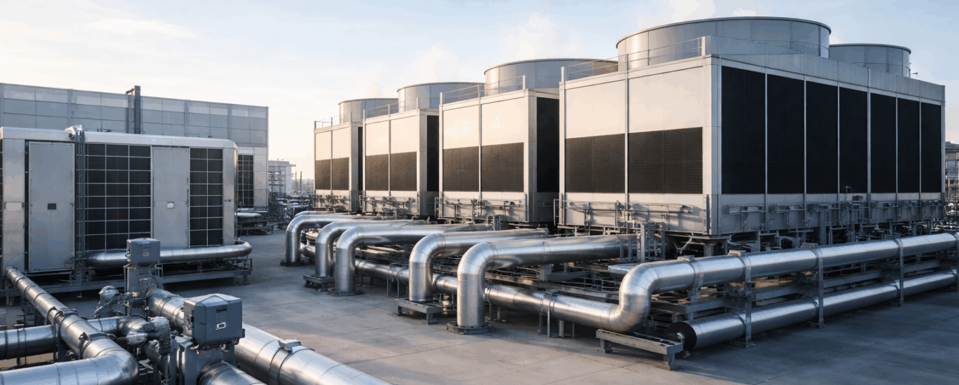 Clean, well-maintained commercial cooling towers and industrial HVAC equipment on a modern facility rooftop, with subtle steam rising, representing compliant, efficient water treatment and industrial service operations.