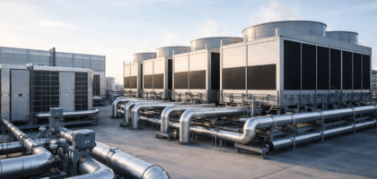 Clean, well-maintained commercial cooling towers and industrial HVAC equipment on a modern facility rooftop, with subtle steam rising, representing compliant, efficient water treatment and industrial service operations.