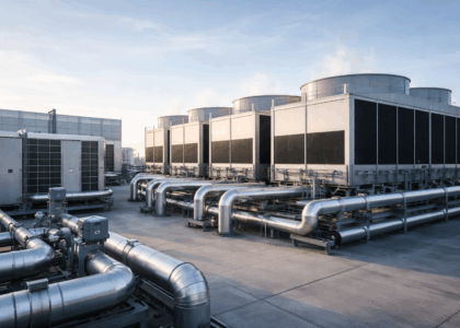 Clean, well-maintained commercial cooling towers and industrial HVAC equipment on a modern facility rooftop, with subtle steam rising, representing compliant, efficient water treatment and industrial service operations.