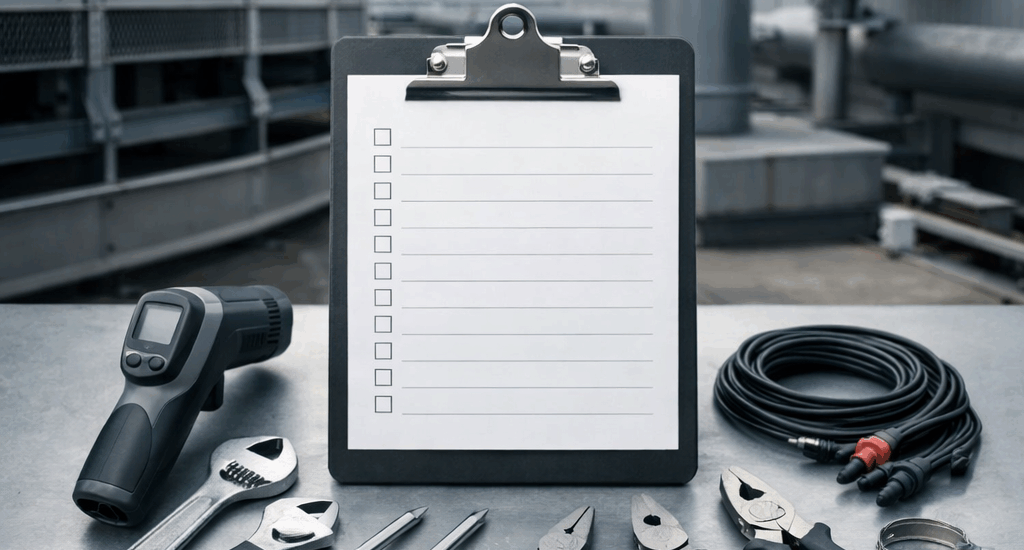 Cooling tower service workflow with structured checklist and documentation system