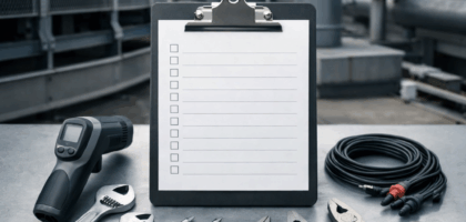 Cooling tower service workflow with structured checklist and documentation system