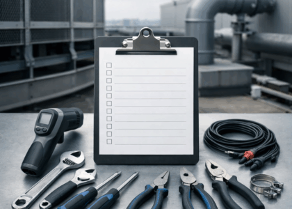 Cooling tower service workflow with structured checklist and documentation system