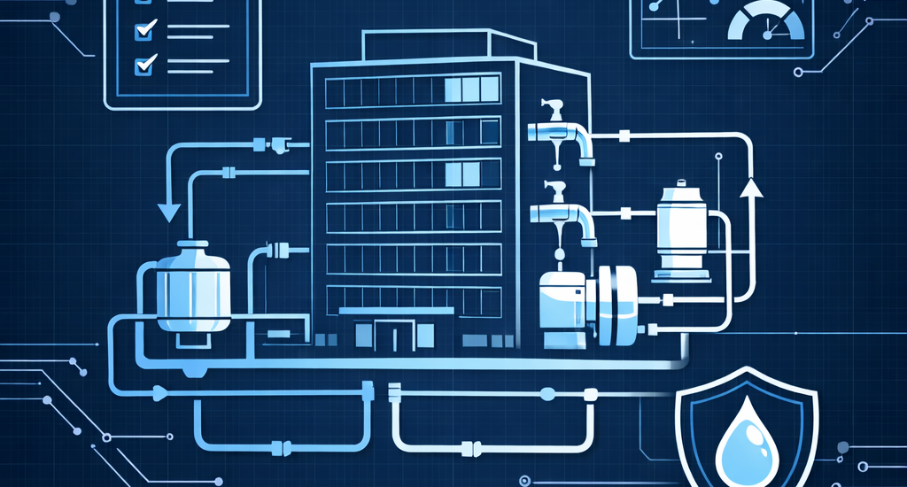 Blueprint-style diagram of a building potable water system with monitoring dashboard, checklist, piping loops, and water safety shield icon representing automated Water Management Plan execution.