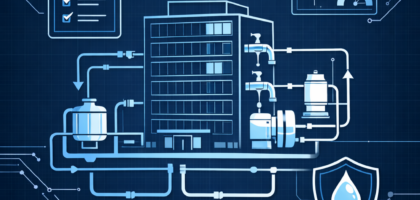 Blueprint-style diagram of a building potable water system with monitoring dashboard, checklist, piping loops, and water safety shield icon representing automated Water Management Plan execution.