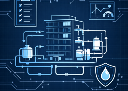 Blueprint-style diagram of a building potable water system with monitoring dashboard, checklist, piping loops, and water safety shield icon representing automated Water Management Plan execution.